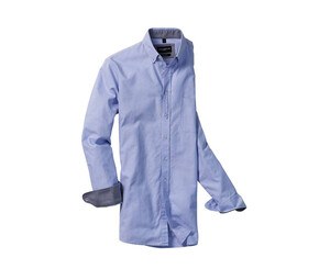 Russell Collection RU920M - Heren Lange Mouw Getailleerd WASHED OXFORD Overhemd Oxford blauw/exford marine
